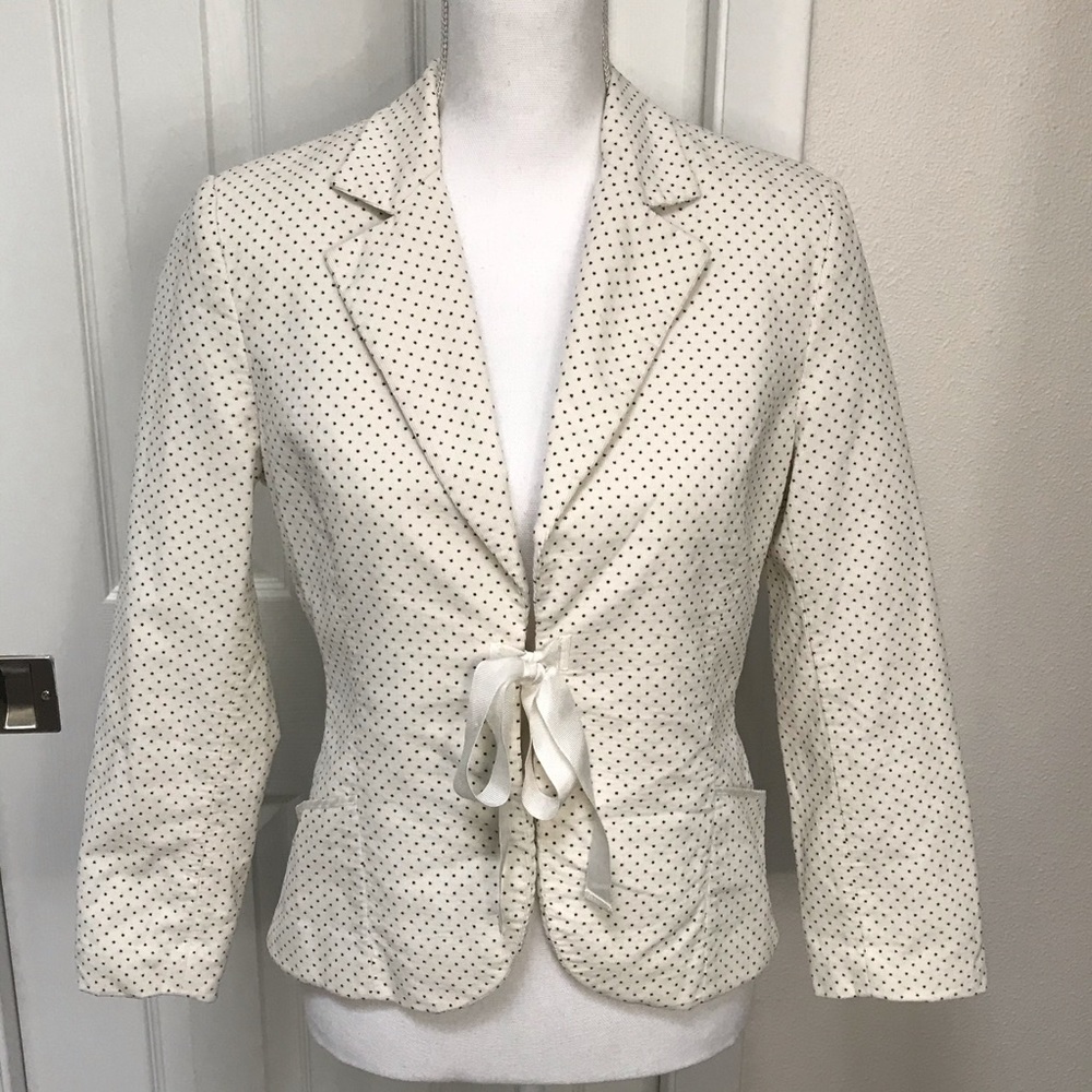 H&M Black and Cream Polka Dot Ribbon Tie Fine Wale Corduroy Blazer Size 8
